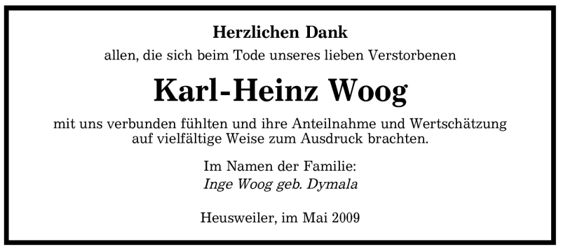  Traueranzeige für Karl-Heinz Woog vom 09.05.2009 aus SAARBRÜCKER ZEITUNG