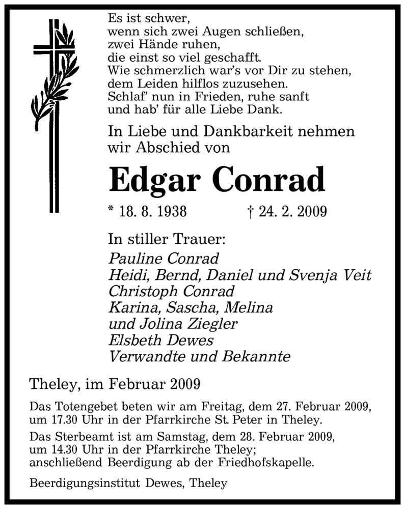 Traueranzeige für Edgar Conrad vom 27.02.2009 aus SAARBRÜCKER ZEITUNG
