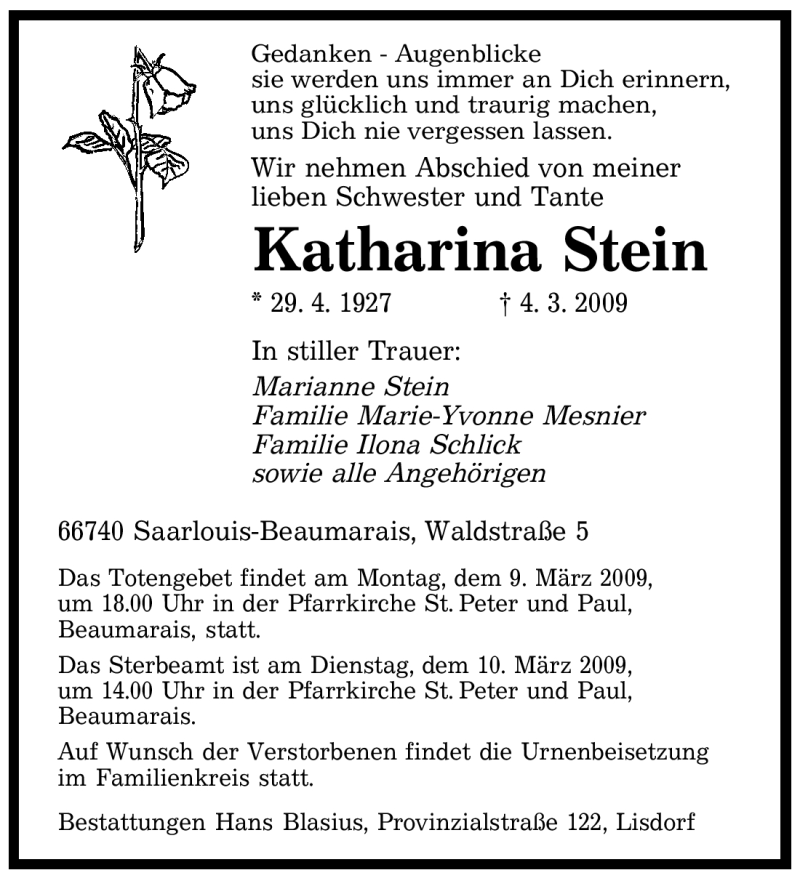  Traueranzeige für Katharina Stein vom 07.03.2009 aus SAARBRÜCKER ZEITUNG