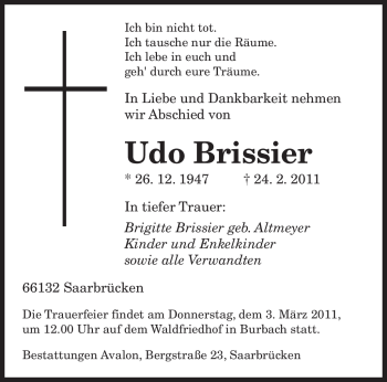 Traueranzeige von Udo Brissier von SAARBRÜCKER ZEITUNG