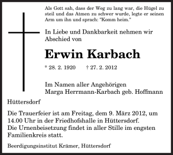 Traueranzeige von Erwin Karbach von SAARBRÜCKER ZEITUNG