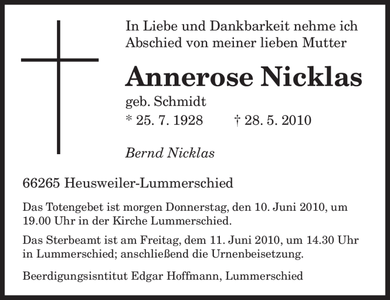  Traueranzeige für Annerose Nicklas vom 09.06.2010 aus SAARBRÜCKER ZEITUNG