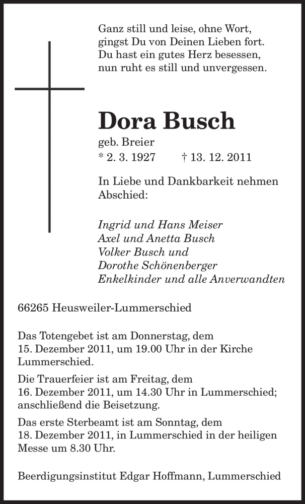 Traueranzeige für Dora Busch vom 14.12.2011 aus SAARBRÜCKER ZEITUNG