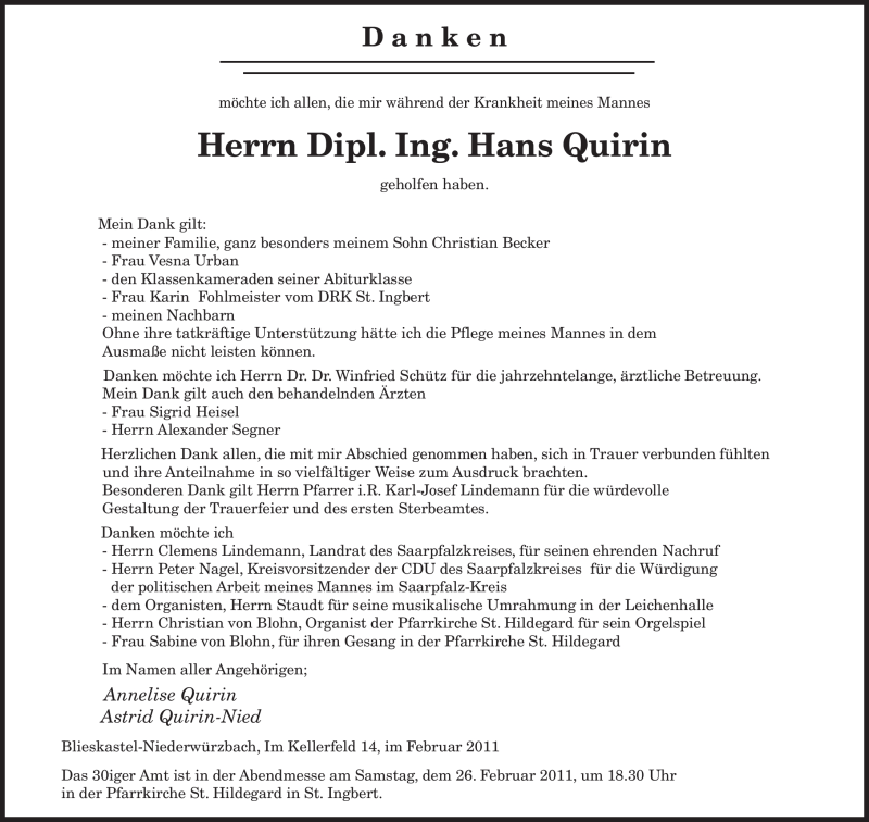  Traueranzeige für Hans Quirin vom 12.02.2011 aus SAARBRÜCKER ZEITUNG