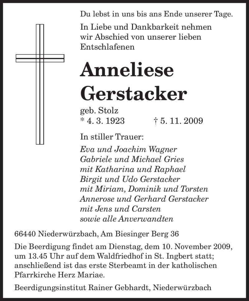  Traueranzeige für Anneliese Gerstacker vom 07.11.2009 aus SAARBRÜCKER ZEITUNG