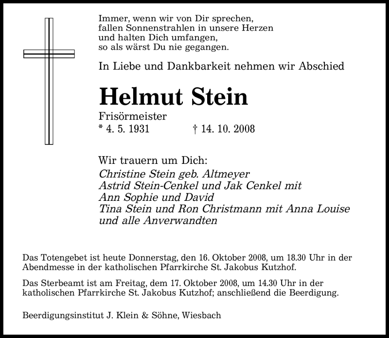  Traueranzeige für Helmut Stein vom 16.10.2008 aus SAARBRÜCKER ZEITUNG