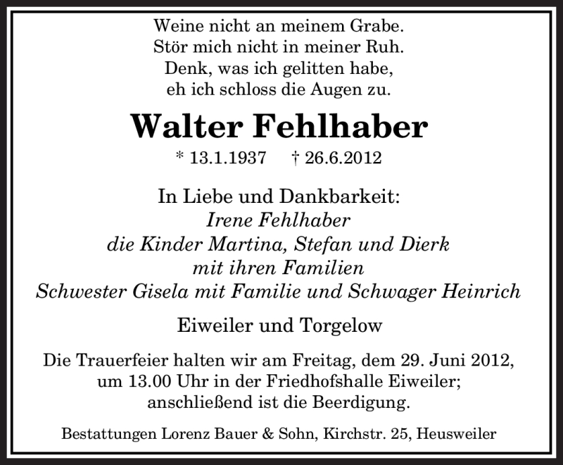  Traueranzeige für Walter Fehlhaber vom 28.06.2012 aus SAARBRÜCKER ZEITUNG