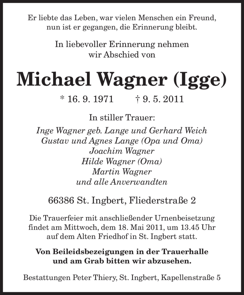  Traueranzeige für Michael Wagner vom 14.05.2011 aus SAARBRÜCKER ZEITUNG