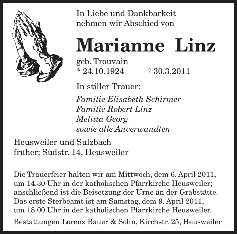  Traueranzeige für Marianne Linz vom 02.04.2011 aus SAARBRÜCKER ZEITUNG