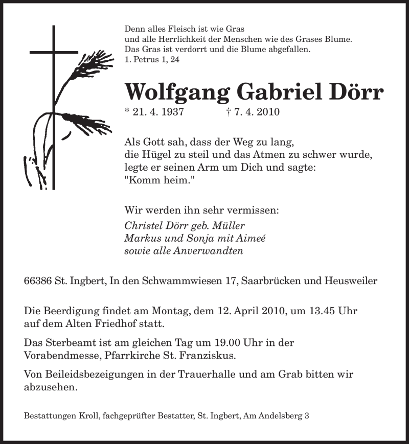  Traueranzeige für Wolfgang Gabriel Dörr vom 10.04.2010 aus SAARBRÜCKER ZEITUNG