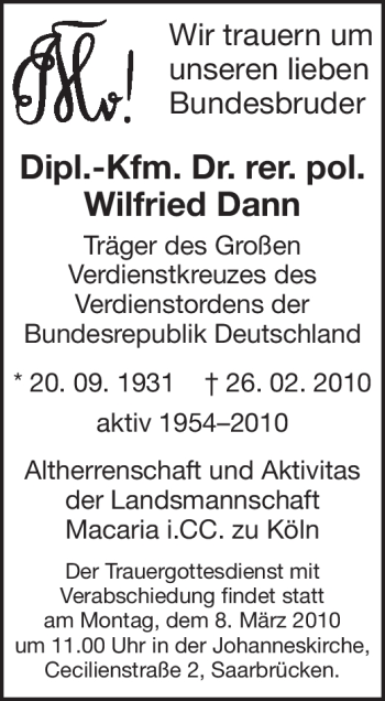 Traueranzeige von Wilfried Dann von SAARBRÜCKER ZEITUNG