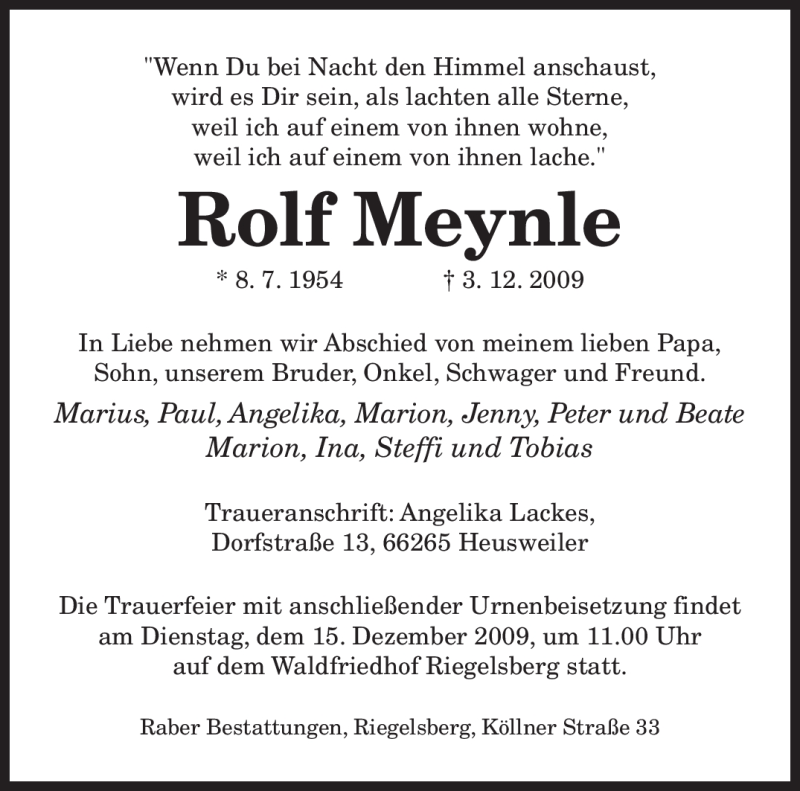  Traueranzeige für Rolf Meynle vom 11.12.2009 aus SAARBRÜCKER ZEITUNG