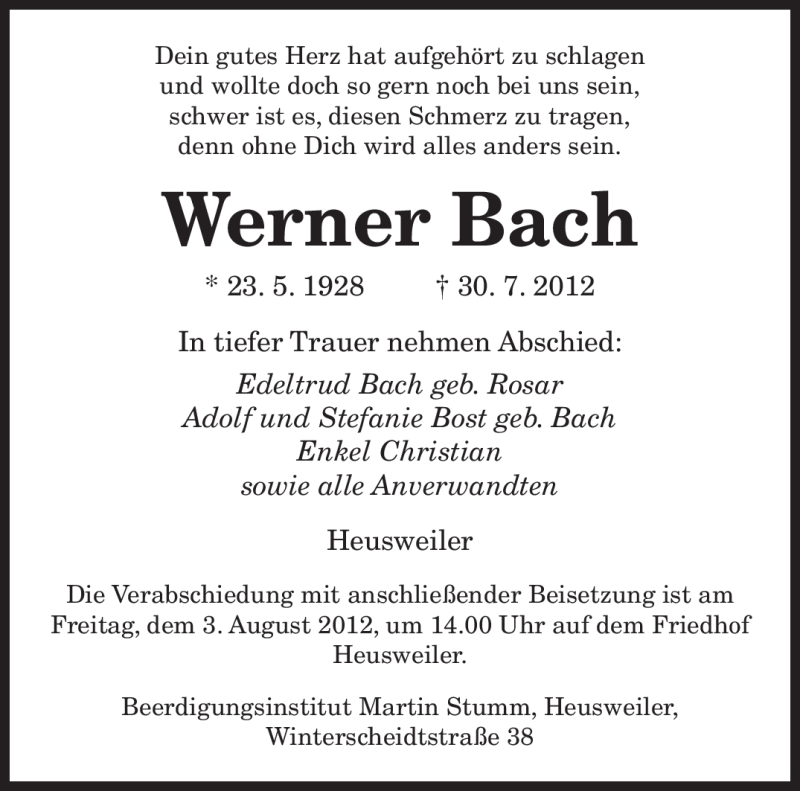  Traueranzeige für Werner Bach vom 01.08.2012 aus SAARBRÜCKER ZEITUNG
