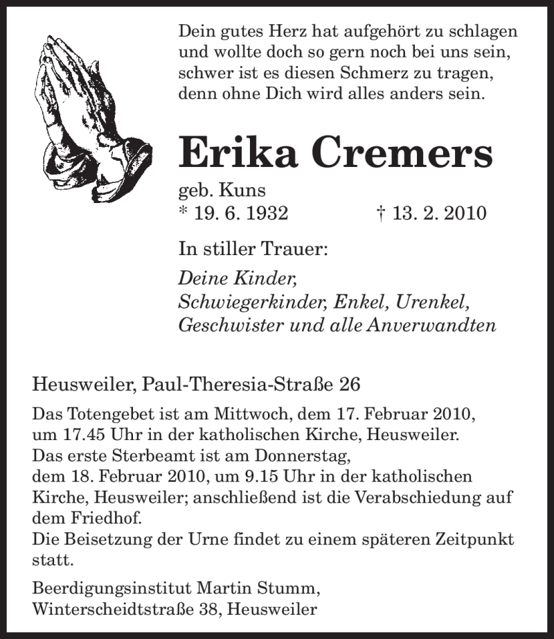  Traueranzeige für Erika Cremers vom 15.02.2010 aus SAARBRÜCKER ZEITUNG