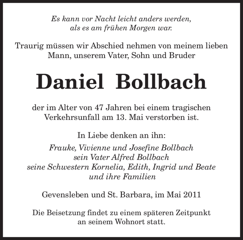  Traueranzeige für Daniel Bollbach vom 19.05.2011 aus SAARBRÜCKER ZEITUNG
