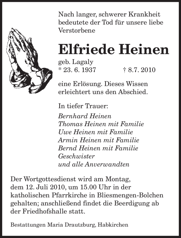  Traueranzeige für Elfriede Heinen vom 09.07.2010 aus SAARBRÜCKER ZEITUNG