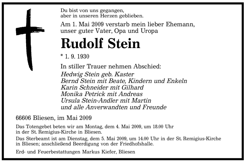  Traueranzeige für Rudolf Stein vom 04.05.2009 aus SAARBRÜCKER ZEITUNG