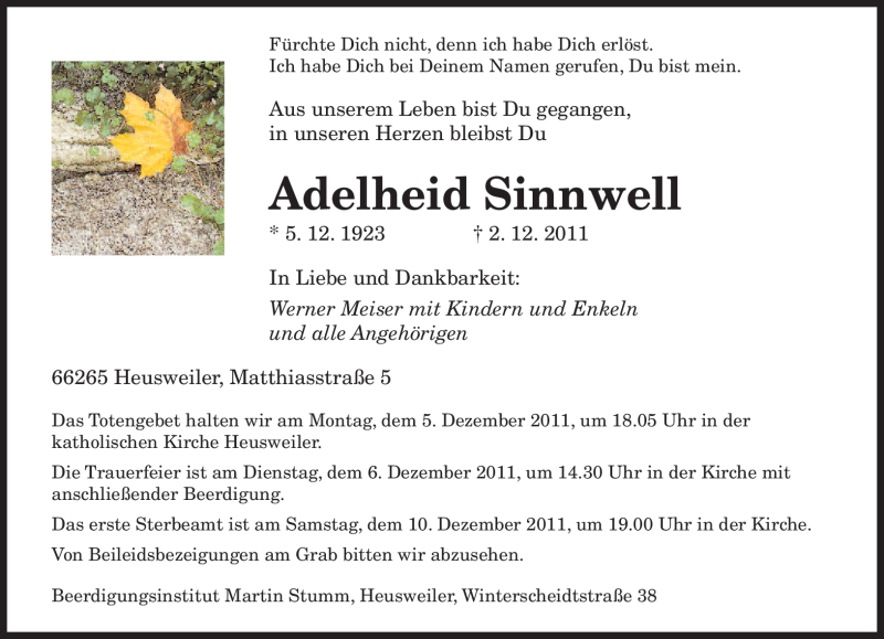  Traueranzeige für Adelheid Sinnwell vom 05.12.2011 aus SAARBRÜCKER ZEITUNG