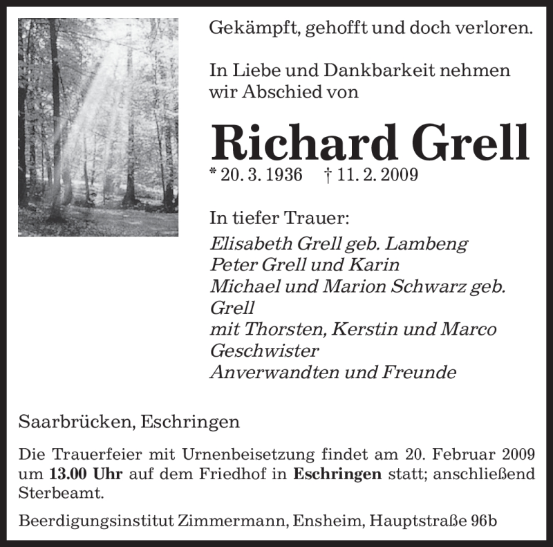  Traueranzeige für Richard Grell vom 17.02.2009 aus SAARBRÜCKER ZEITUNG
