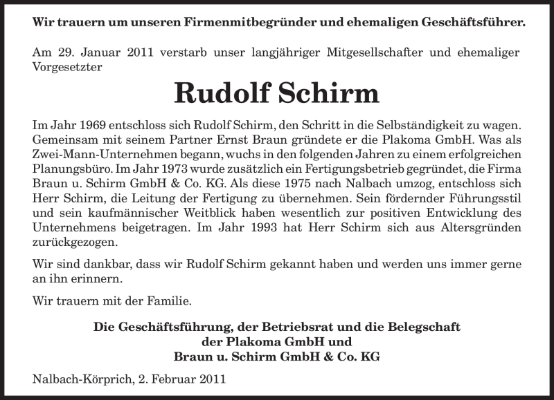  Traueranzeige für Rudolf Schirm vom 02.02.2011 aus SAARBRÜCKER ZEITUNG