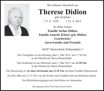 Traueranzeige von Therese Didion von SAARBRÜCKER ZEITUNG
