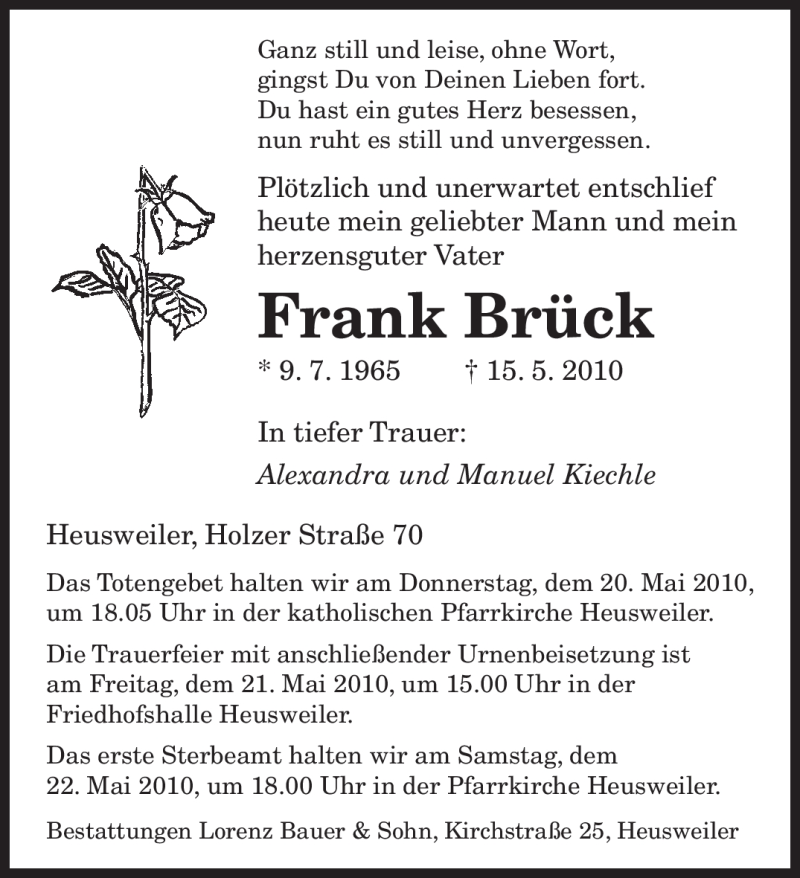  Traueranzeige für Frank Brück vom 18.05.2010 aus SAARBRÜCKER ZEITUNG