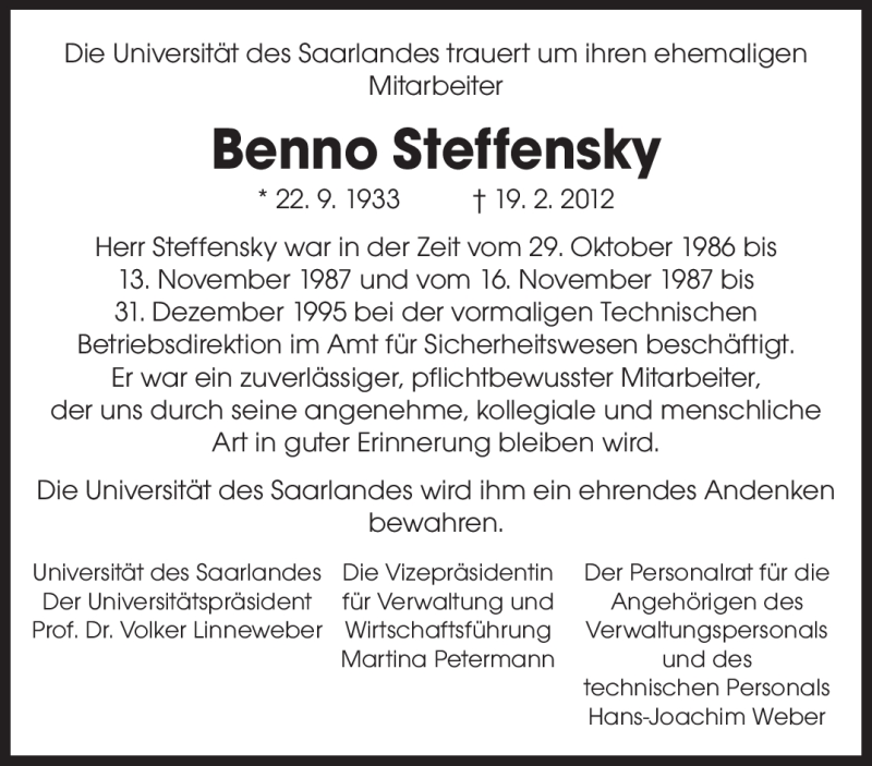  Traueranzeige für Benno Steffensky vom 29.02.2012 aus SAARBRÜCKER ZEITUNG