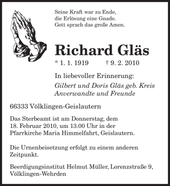 Traueranzeige von Richard Gläs von SAARBRÜCKER ZEITUNG