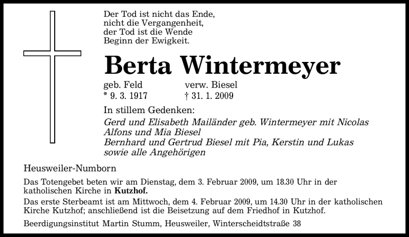  Traueranzeige für Berta Wintermeyer vom 02.02.2009 aus SAARBRÜCKER ZEITUNG