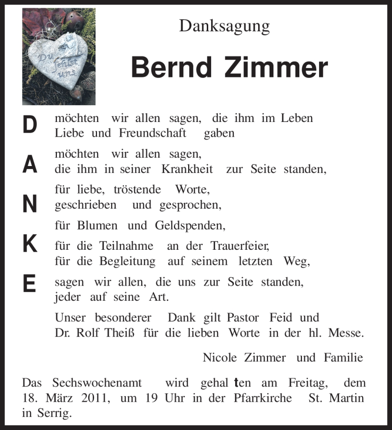  Traueranzeige für Bernd Zimmer vom 11.03.2011 aus SAARBRÜCKER ZEITUNG