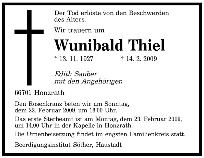  Traueranzeige für Wunibald Thiel vom 19.02.2009 aus SAARBRÜCKER ZEITUNG