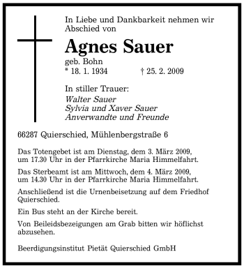 Traueranzeige von Agnes Sauer von SAARBRÜCKER ZEITUNG