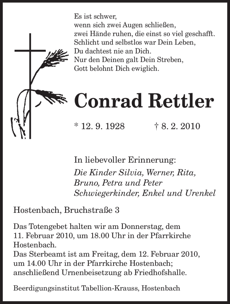  Traueranzeige für Conrad Rettler vom 10.02.2010 aus SAARBRÜCKER ZEITUNG