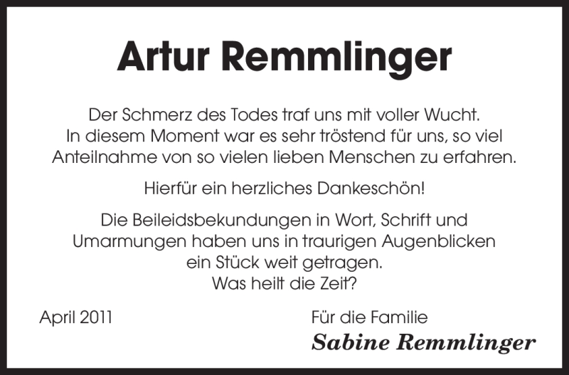  Traueranzeige für Artur Remmlinger vom 02.04.2011 aus SAARBRÜCKER ZEITUNG