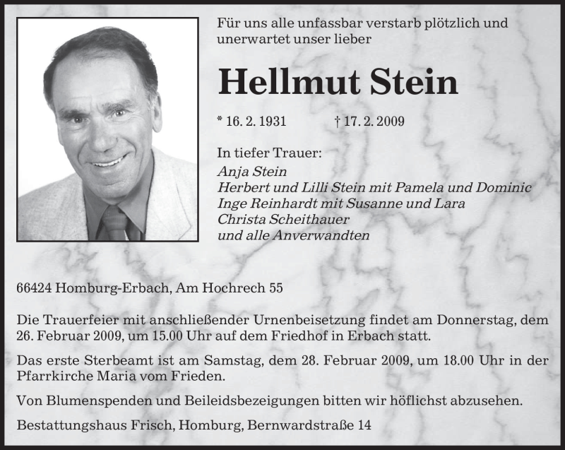  Traueranzeige für Hellmut Stein vom 23.02.2009 aus SAARBRÜCKER ZEITUNG