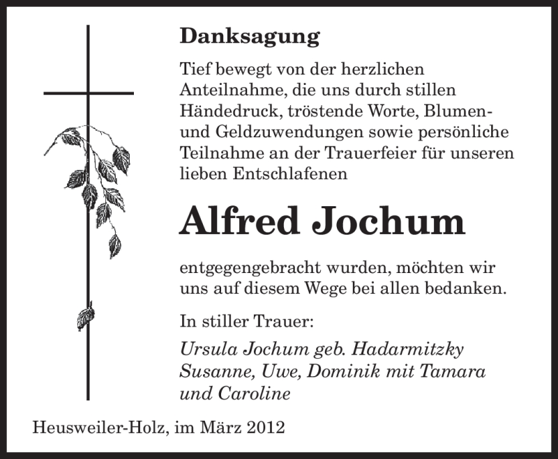 Traueranzeige für Alfred Jochum vom 29.03.2012 aus SAARBRÜCKER ZEITUNG