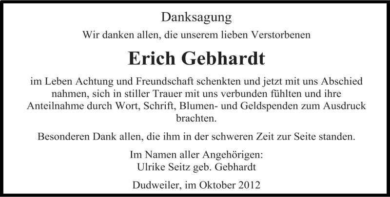  Traueranzeige für Erich Gebhardt vom 06.10.2012 aus Saarbrücker Zeitung