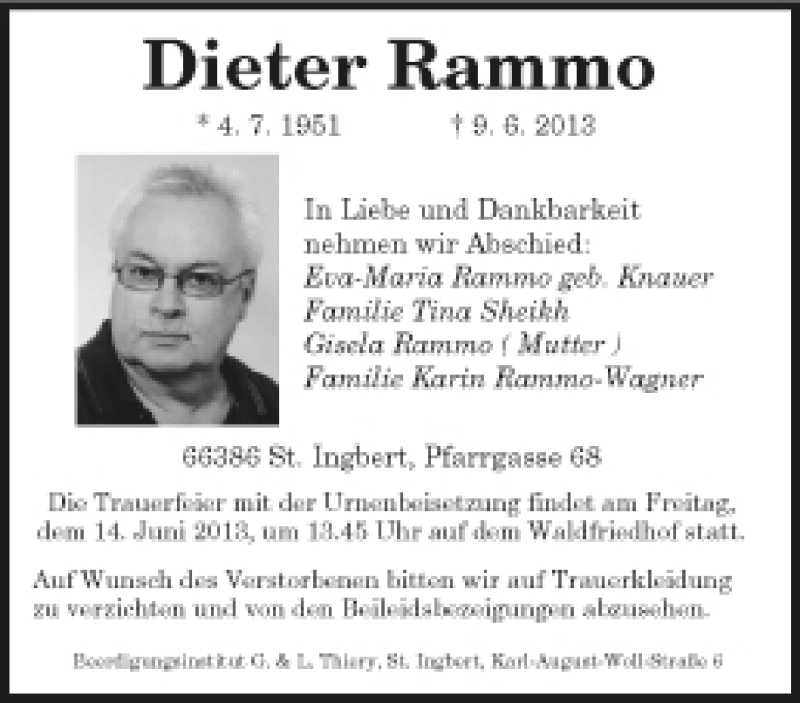  Traueranzeige für Dieter Rammo vom 12.06.2013 aus Saarbrücker Zeitung