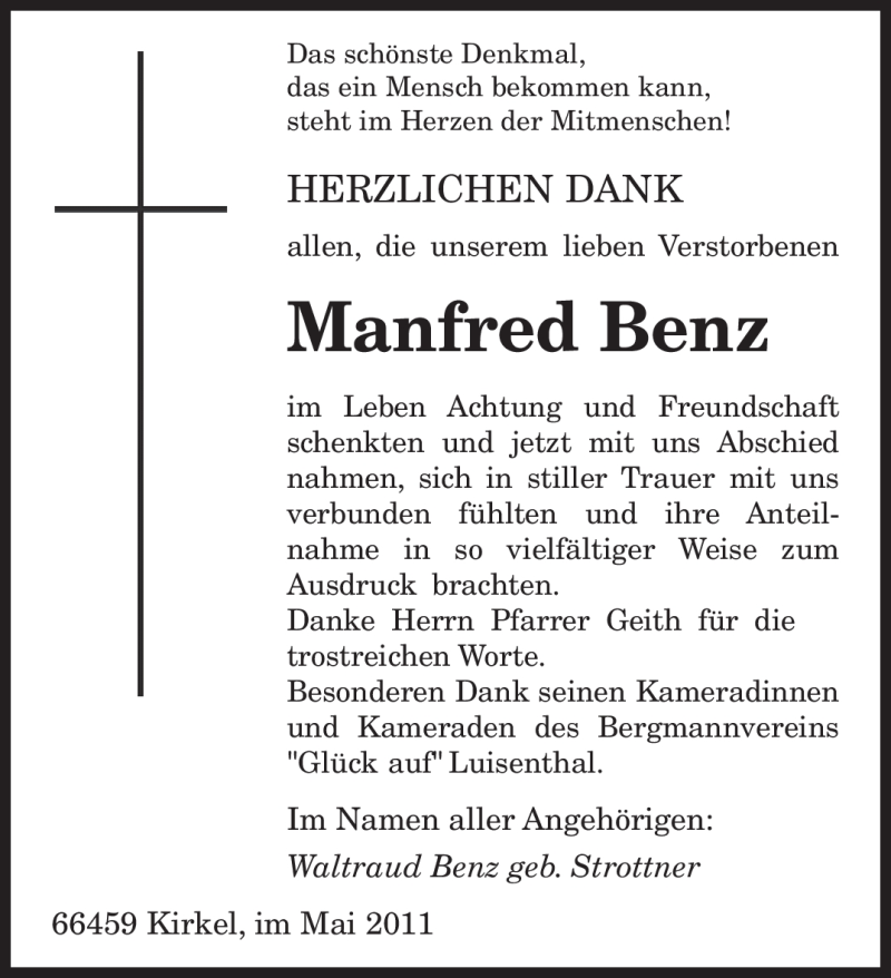  Traueranzeige für Manfred Benz vom 11.06.2011 aus SAARBRÜCKER ZEITUNG