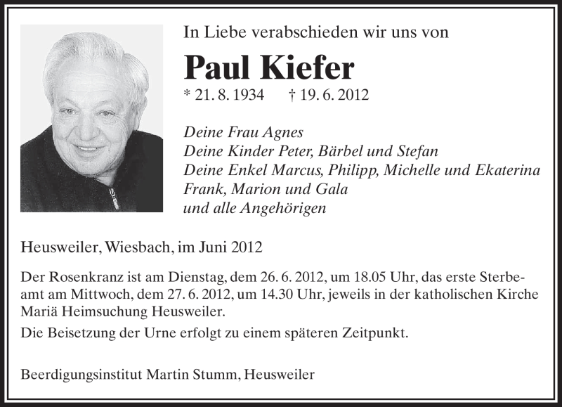  Traueranzeige für Paul Kiefer vom 23.06.2012 aus SAARBRÜCKER ZEITUNG