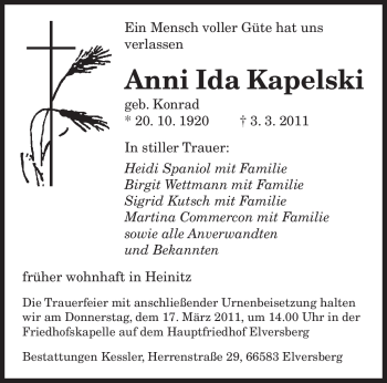 Traueranzeige von Anni Ida Kapelski von SAARBRÜCKER ZEITUNG