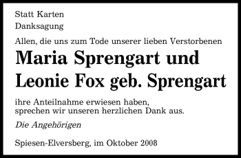 Traueranzeige von Maria Sprengart & Leonie Fox geb. Sprengart Unbekannt von SAARBRÜCKER ZEITUNG