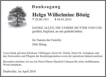 Traueranzeige von Helga Wilhelmine Bönig von SAARBRÜCKER ZEITUNG