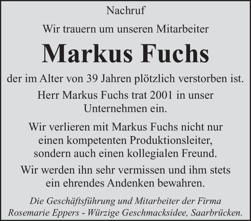  Traueranzeige für Markus Fuchs vom 29.04.2010 aus SAARBRÜCKER ZEITUNG