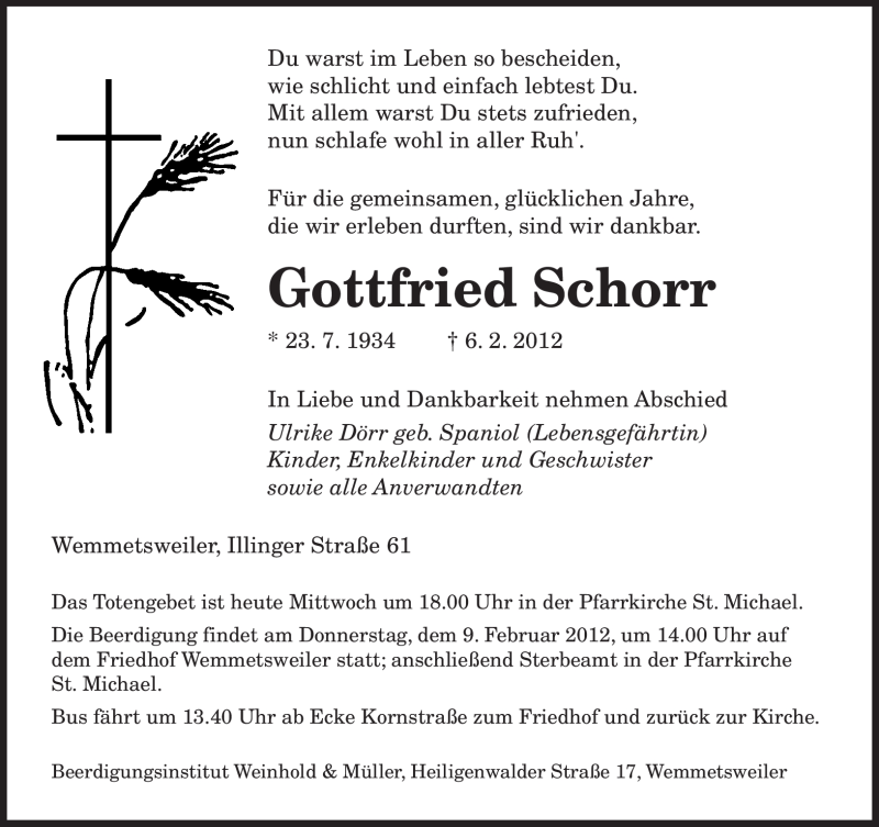  Traueranzeige für Gottfried Schorr vom 08.02.2012 aus SAARBRÜCKER ZEITUNG