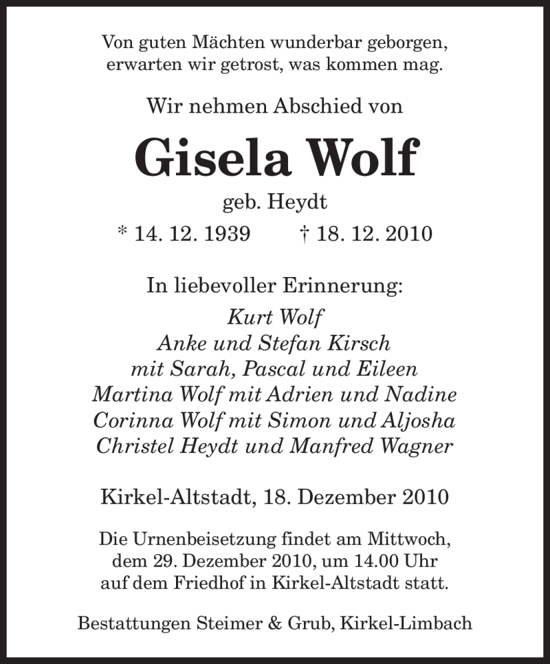  Traueranzeige für Gisela Wolf vom 22.12.2010 aus SAARBRÜCKER ZEITUNG