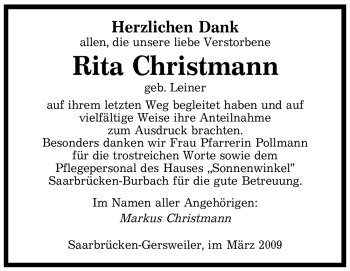 Traueranzeige von Rita Christmann von SAARBRÜCKER ZEITUNG