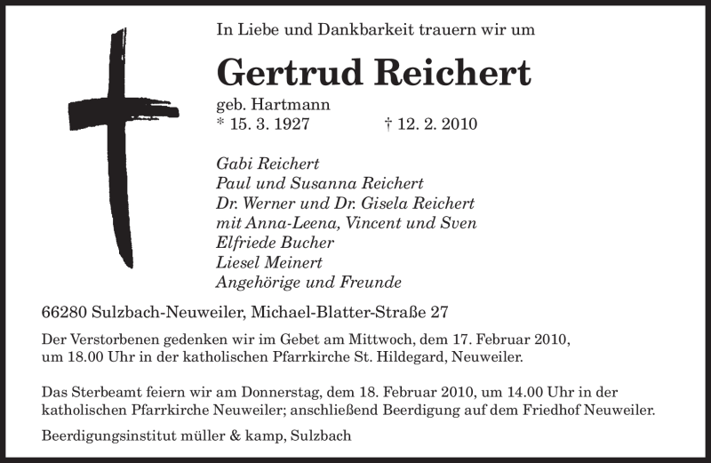  Traueranzeige für Gertrud Reichert vom 15.02.2010 aus SAARBRÜCKER ZEITUNG