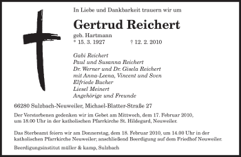 Traueranzeige von Gertrud Reichert von SAARBRÜCKER ZEITUNG