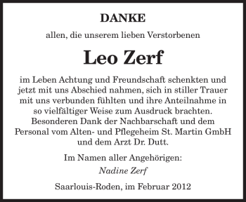 Traueranzeige von Leo Zerf von SAARBRÜCKER ZEITUNG